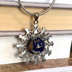 Vintage Sterling Silver Love Around The World Gemstone Globe Necklace 18"
